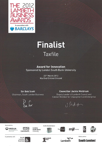 Finalist in the 'The Award For Innovation' category at the Lambeth Business Awards 2012